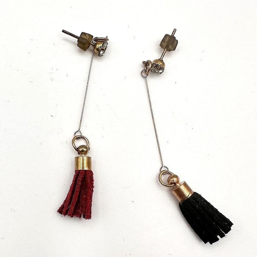 Vintage Y2K Gold Tone Clear Rhinestone Suede Tassel Dangle Earrings Boho Jewelry